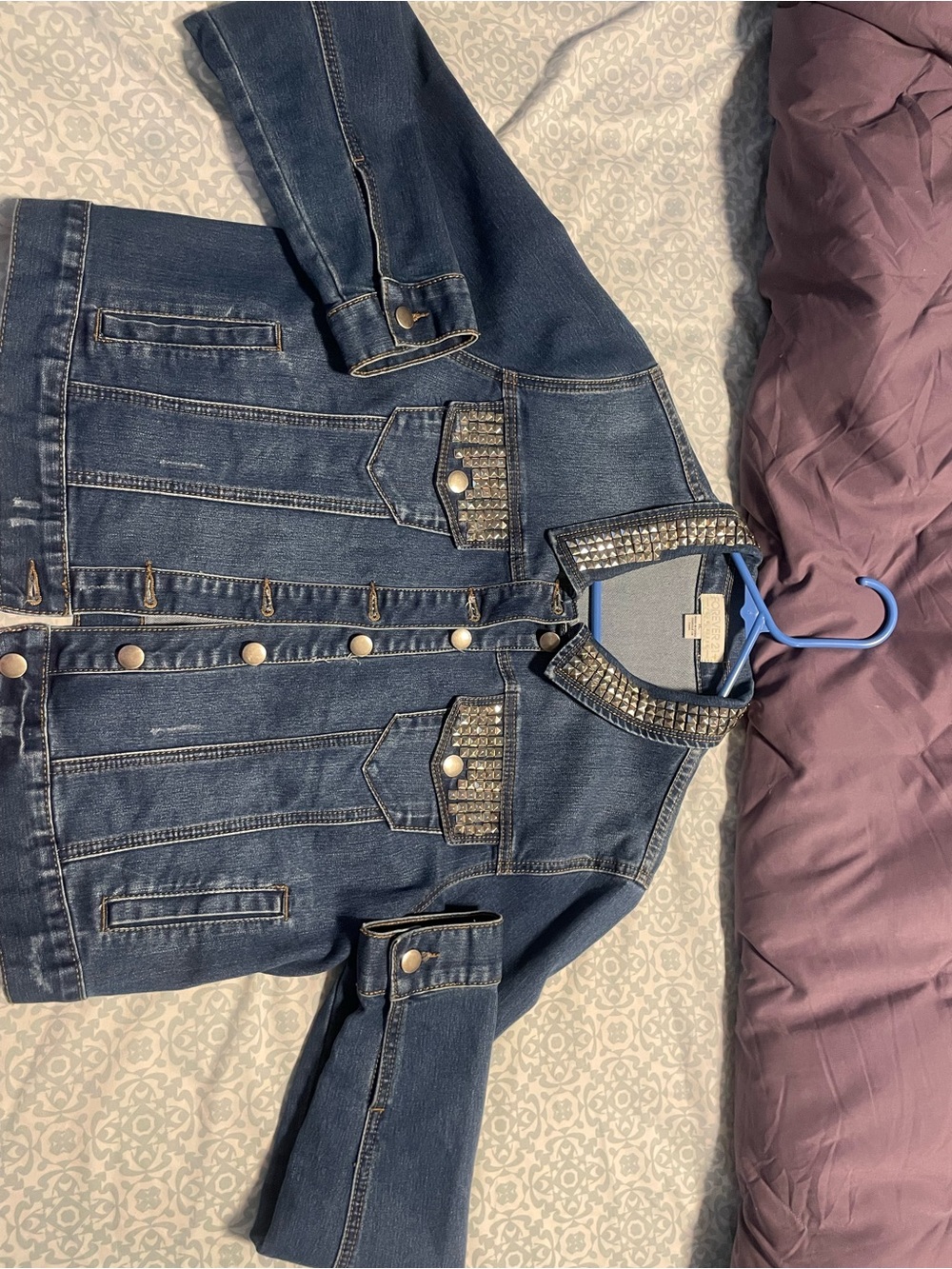 Forever 21 Dark Blue Denim Jacket with Rhinestone Trim